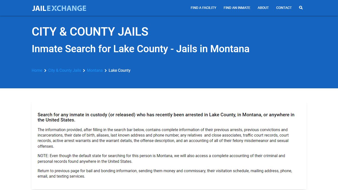 Locate an inmate in Lake County, Montana - Jail Exchange